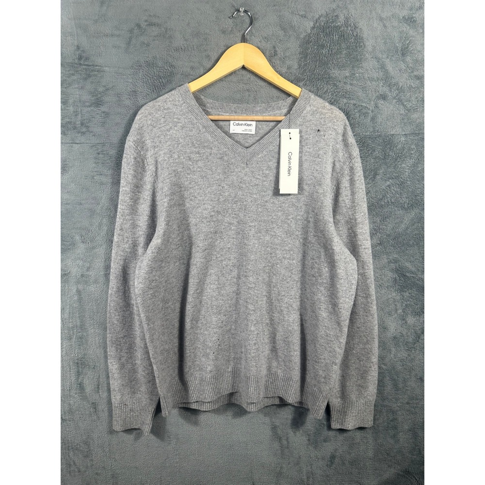 Calvin Klein Mens Gray 100% Merino Wool V-Neck Sweater Size L NWT Flaws